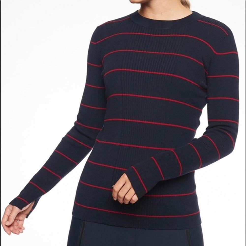 Athleta Bayside 100% Merino Wool Blue and Red Striped Ribbed Sweater